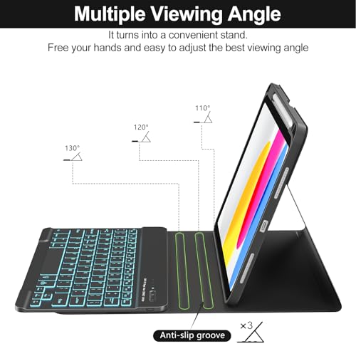 Image of COO 7 Color Backlit Keyboard Case for iPad 11th A16 /10th Gen | 7-Color Backlit Detachable Bluetooth Keyboard, Pencil Holder, Auto Wake /Sleep, 3 Angles, PU TPU Cover, Black