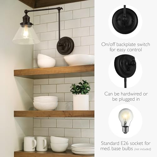 Image of Design House Augustin Wall Sconce, 1-Light, 3-Point Swing Arm, Seeded Glass Glow, Hardwire /Plug-in Easy Installation, On /Off Backplate, E26 Socket, Black, 7.9 in L x 17.3 in W x 38.6 in H, 589077-BLK | Adjustable Swing Arm, Adjustable, Wall Mount, Contemporary /Modern, Steel, Lighting, 589077-BLK