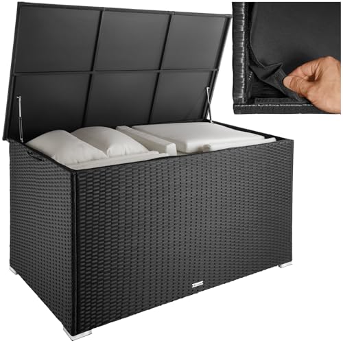 tectake® Coffre de jardin Exterieur, Coffre à Coussins 750 L en Aluminium Polyrotin 145 x 82,5 x 79,5 cm, Couvercle Rabattable, Poignées pour Rangement des Outils de...