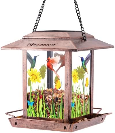 DesGully Bird Feeders for Outside Wild Birds Metal Solar Bird Feeder for Outdoors Hanging Gift Ideas for Bird Lovers Garden Yard Bird Seeds (Chew-Proof,Weather Resistance)