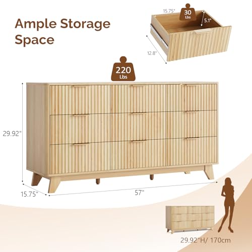 Image of VINGLI Fluted 9 Drawer Dresser for Bedroom, Wood Dresser with Rounded Edges, 57 inch Long Dressers Oak, Natural Wood Color, 57 inch W*15.75 inch D*29.92 inch H