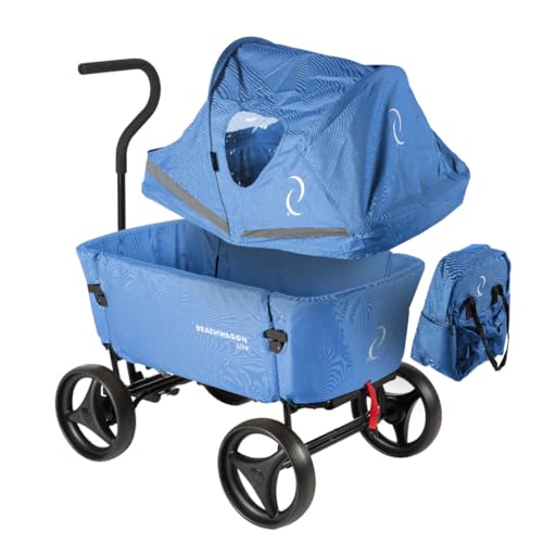 Beach Wagon Bollerwagen Faltbar LITE Kombiset - 80KG Traglast - Klappbarer Handwagen mit Verdeck und Rucksack für Garten, Camping, Einkaufen und Picknick - Hellblau