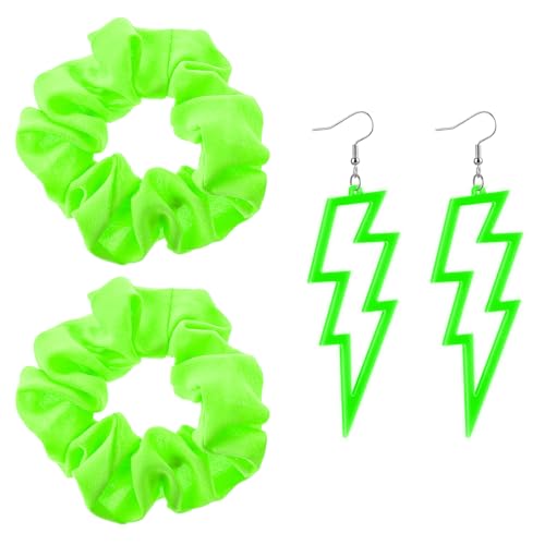 4 Stück Haargummi und Ohrringe Neon für Damen - Blitz Ohrringe der 80er/90er Jahre - Scrunchies und Accessoires (Grün) 4 Stück Haargummi und Ohrringe Neon für Damen - Blitz Ohrringe der 80er/90er Jahre - Scrunchies und Accessoires (Grün)