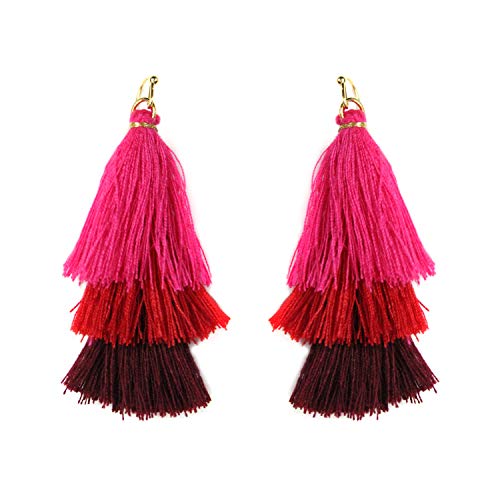 Ombre Layered Thread Tassel Earrings- Bohemian Fringe Tiered Dangle Chandelier Drop Style (Hot Pink, Red, Burgundy Ombre Tiered Tassel)