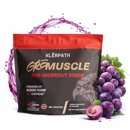 Klerpath GroMuscle Pre Workout Powder - Sugar Free Preworkout Supplement with Creatine for Men and Women - Vegan, Non-GMO, Allergen and Gluten Free - Grape Crush, 25 Servings