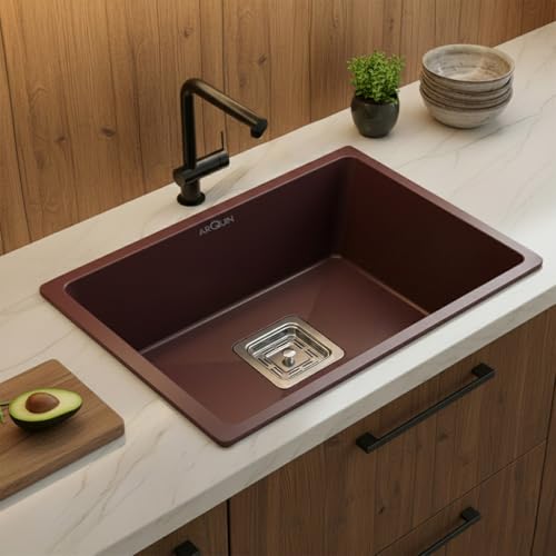 Image of ARQUIN Quartz Sink 24x18x9 Inch Brown | Single Bowl Sink | Durable & Scratch-Resistant | Undermount /Topmount Including Coupling, Waste Pipe & Fruit Washing Basket