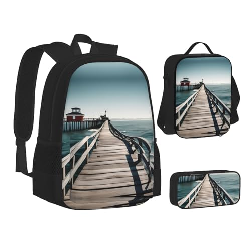 Coastal Pier 3-Piece Set Backpack, Lunch Bag, And Pencil Case, Casual Cute Sets For Travel And College2