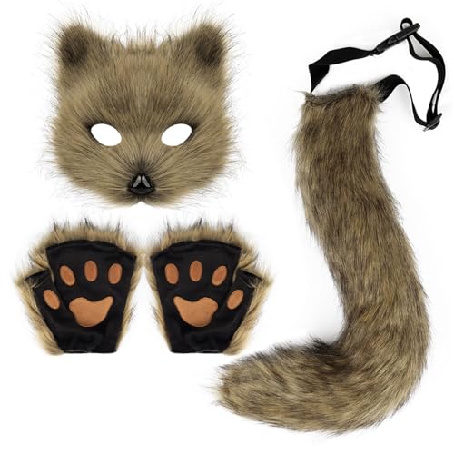 Costume de renard haut de gamme en fausse fourrure avec masque Kitsune réaliste