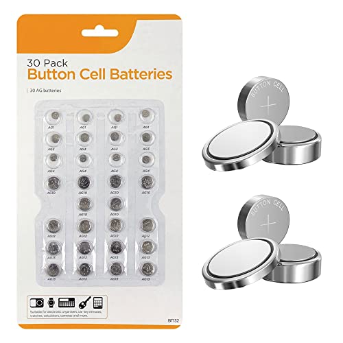 30 Pack Button Cell Battery Set, 4x AG1, 4x AG3, 4x AG4, 6x AG10, 4x AG12, 8x AG13 To Be Used in Electrical Devices Including, Calculators, Watches, Remote Controls and Much More (1 Pack of 30)