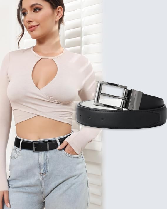 Womens Reversible Leather Belt for Ladies - Two-in-One Belt for Dress Women Mens Belt with Rotated Gun Color Buckle