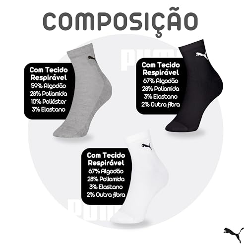 Meia Cano Médio Meia Puma Tecido Respirável Feminina Adulto - Kit com 6 Pares, 2 Branco - 2 Cinza -