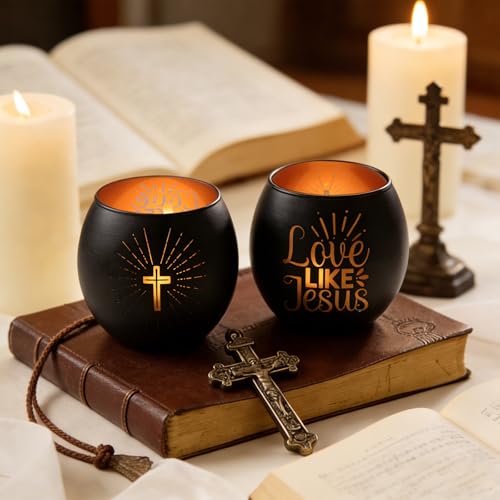 Love Like Jesus Religious Gifts for Men & Women, Set of 2 Black Cross Tealight Candle Holders for Table Decor, Christian Baptism, Confirmation, Modern He is Risen Easter Decorations by SHMILMH - Image 6