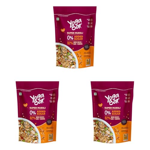 Image of Yogabar Super Muesli, No Added or Hidden Sugar, Breakfast Muesli with Probiotics & Prebiotics, 84% Almonds + Whole Grains + Chia Seeds + Flax Seeds, 400g (Pack of 3)