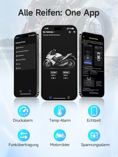 ​​Moman Motorrad TPMS 2 Sensoren Reifendruck-Kontrollsystem mit App, Reifendruck & Temperatur Monitor mit Alarmfunktion, Nur iOS & Android Kompatibel​​