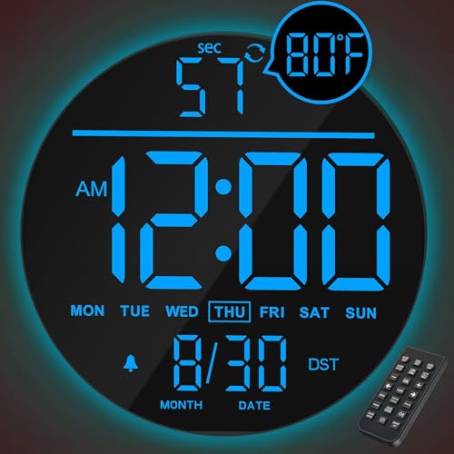 JALL 10" Large Digital Wall Clock with Seconds, Alarm Countdown Timer, Big LED Display, RGB Color, DST, Temperature, Mounted for Bedroom Living Room Office Classroom Gym, Xmas Birthday Gift, Blue