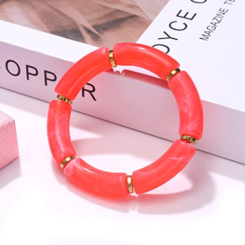 Xocartige Chunky Bamboo Tube Bracelet For Women Colorful Acrylic Curved Tube Pearl Beaded Stretch Bracelets Gold Stacking Bangles Friendship Bracelet Set Summer Beach Jewelry Gifts #TOP3