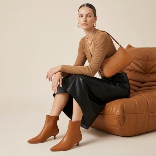 CUSHIONAIRE Women's Barbi Pointed Toe Kitten Heel Bootie – Soft Vegan Leather, and Back Zipper, pointed toe booties, COGNAC 8W by CUSHIONAIRE - Image 5