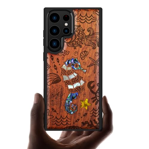 Coque Samsung S23 Ultra en bois gravé et incrustation de coquille nacre rose