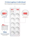 Listwa Zasilająca Przeciwprzepięciowa, Listwa Zasilająca z 10 Gniazda Elektryczne Polskie 16A 2P+T, Wielokrotne Gniazdo z Wyłącznikiem Przeciwprzeciążeniowym i ładowaniem USB C, 2 m Kabel, Białe