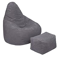 Loft 25 Adult Highback Bean Bag Chair | Corduroy Fabric Indoor Living Room Gaming Beanbag Lounger | Internal Liner | Ergonomic Design for Body Support (Bean Bag + Footstool, Charcoal)