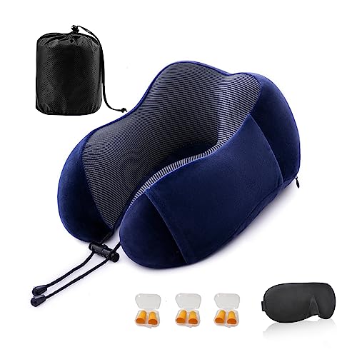 Imagen de Almohada de Viaje para Cuello, Almohada Cuello de Espuma Memoria Viscoelástica, Cojin de Cuello de Ergonomico, Set 5 incluye Máscara de Ojos, 3 Pares Tapones y Bolsa de Transporte, para Coche, Avión