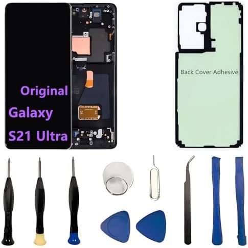 Original 6.8" AMOLED Display for Samsung Galaxy S21 Ultra Screen Replacement OEM S21Ultra 5G SM-S998U SM-S998U1 Display Touch Screen Digitizer Assembly (with Black Frame+Back Cover Adhesive+Tools)