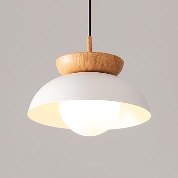 Modern Pendant Lights,Wooden Dome Pendant Light Fixture,Iron Lampshade Adjustable Hanging Pendant Lighting Lamp for Kitchen Island,Dining Room,Living Room,BedroomWhite