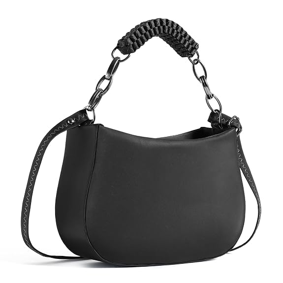 Image of Black Structured Handbag with Gold Chain Handle and Woven Crossbody Strap, Faux Leather