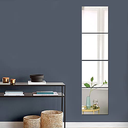 Full Body Wall Mirrors Tiles Stickers, 4Pcs 12"X12" Acrylic Plexiglass Mirror Wall-Mounted Full Length Frameless Hanging Door Large Long Mirror Workout Gym Mirror For Walls Dorm Tile Self Adhesive #TOP4