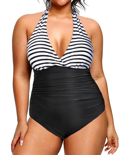 Daci Women V Neck Plus Size One Piece Swimsuits Tummy Control Ruched Bathing Suit Halter Backless Swimwear Striped and Black 20 Plus