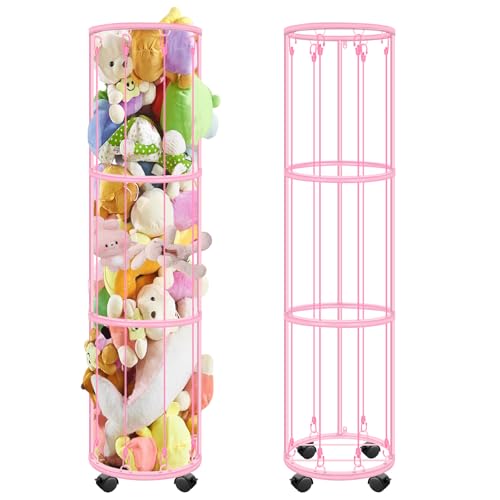 Stuffed Animal Storage with Wheels, 3 Layer Vertical Metal Toy Storage with Elastic Cords, Toy Organizer Wall Mount, Plushies Storage Holder Zoo Toy Chest, Suitable for Bedroom Nursery Play Room Decor