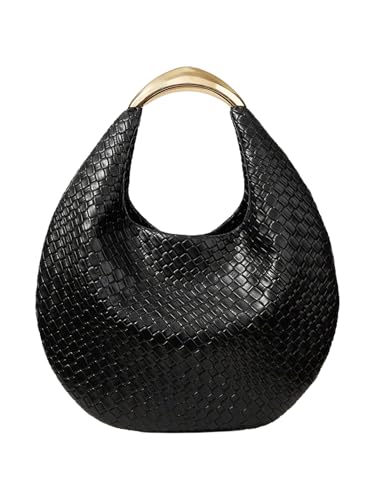 Image of QWINEE Women's Woven Handbag Elegant Clutch Purse Metal Top Handle Cresent Evening Bag Retro PU Leather Clutch Purse