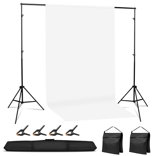 Adjustable Photography Backdrop Stand Kit 10x7ft(W*H) Photo Studio Background Support with 4 Crossbars 4 Clamps 2 Sandbags (with 10 * 7 Feet White Backdrop Curtain)