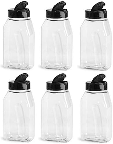 Nakpunar 6 pcs, 16 oz Clear Plastic Spice Jars with Black Lid and Freshness Seals - Pet Bottle with Shaker and Open Sided Lined Dispenser Caps - Set of 6 - PET, Made in USA