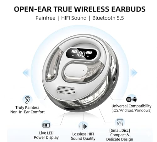 Image of NYXO K03 Open Ear Wireless Earbuds with LED Display, Bluetooth 5.3 Clip-On Earphones, Pain-Free Design, HiFi Sound, Lightweight Sports Headphones with Charging Case for Calls, Music & Workout (SILVER)
