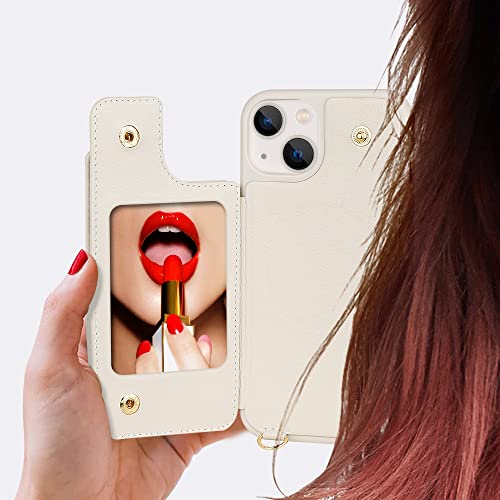 Lameeku Magsafe Wallet Case Compatible With Iphone 13 With Crossbody, Leather Case With Card Holder 360°Rotation Ring Kickstand Protective Cover With Mirror For Apple Iphone 13 6.1'' Beige #TOP7