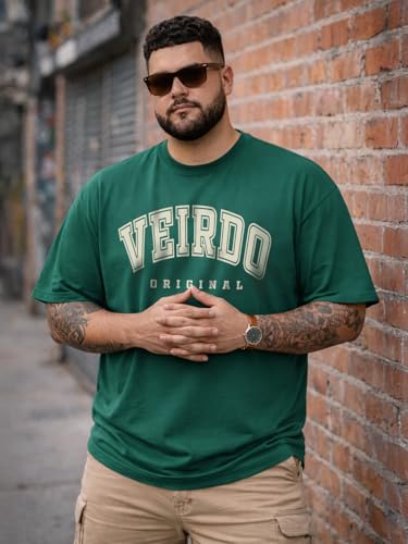 Image of Veirdo 100% Pure Cotton Oversized Fit Drop Shoulder Aesthetic Front Chest Typo Graphic Printed T-Shirt for Men (Sizes : 2XL to 5XL)