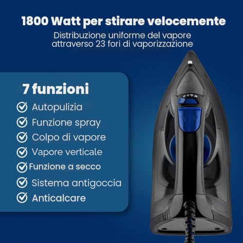 Ferro da stiro a vapore Clatronic DB 3703, piastra speciale in acciaio inox, alimentazione a cavo tramite snodo girevole a 360°, serbatoio dell'acqua trasparente (circa 150 ml), nero/blu - Immagine 2
