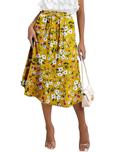KISSMODA Womens Midi Skirt High Waist A Line Boho Skirts Trendy Casual Work Elegant Summer Palazzo with Pockets Yellow