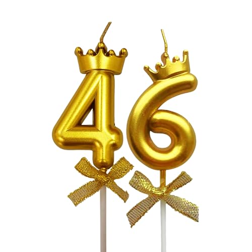 Image of 2 Pc 46 Number Candle for Birthday Cake Metallic 46th Birthday Cake Decoration Forty Six Candle with Crown on Top Cake Topper 0-9 Number Candles for Anniversary (Pack of 2, Gold)