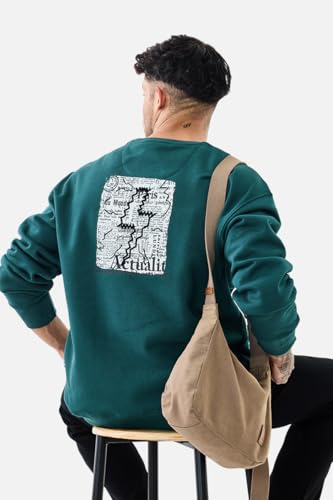 Image of SNITCH Men's Sweatshirt | Crew Neck Pullover with Back Graphic Print & Embroidered Logo | Cotton Blend Regular Fit Full Sleeve Casual Top for Street Wear & Outings