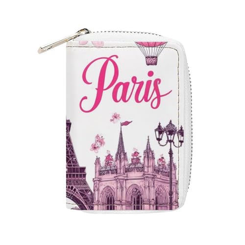 Pu Leather Credit Card Holder for Women, Slim Card Organizer Case Money Bag with 20 Slots Pink Paris Eiffel Tower Zipper Mini Wallet
