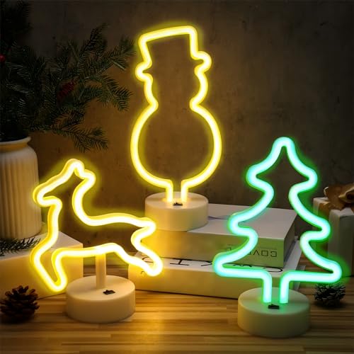 Image of Vihose 3 Pcs Christmas Neon Sign Decorations LED Snowman Reindeer Xmas Tree