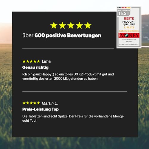 natural elements Vitamin D3 + K2 – > 99,7% all-trans MK-7 & 2000 IE Vitamin D3 – 240 Tabletten – hochdosiert, optimal bioverfügbar – ohne unnötige Zusätze – in Deutschland produziert