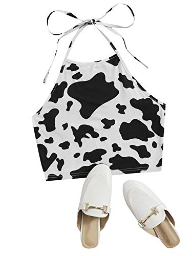 Verdusa Women's Cow Print Sleeveless Backless Tie Knot Halter Cami Crop Top Black and White S - Image 3