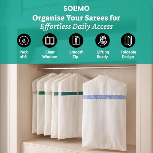 Image of Amazon Brand - Solimo Pollycotton Saree Hanging Storage Covers | Pack of 6 | 28 x 17 Inch | Crease Free | Clear Visibility | Beige
