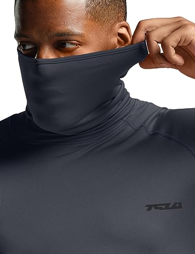 TSLA Men's Thermal Long Sleeve Compression Shirts, Mock/Turtleneck Winter Sports Running Base Layer Top, Heatlock Face Cover Charcoal, X-Large