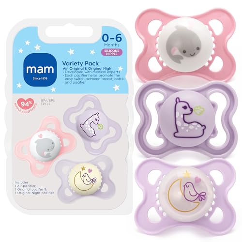 Image of MAM Variety Pack Baby Pacifier, Includes 3 Types of Pacifiers, Nipple Shape Helps Promote Healthy Oral Development, 3 Pack, 0-6 Months, Girl