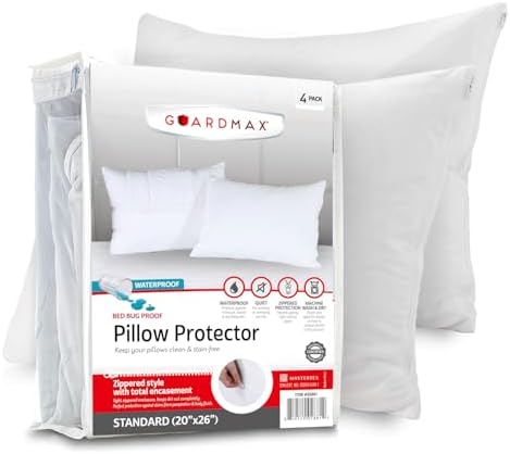 Guardmax Bed Bug Pillow Protectors Standard 4 Pack | Waterproof Hypoallergenic Covers | Zippered Pillow Cases | Noiseless (Standard - 20x26ââ‚¬Â - Set of 4)