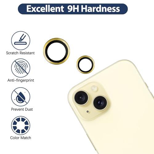 Image of Camera Lens Protector for Apple iPhone 15 | 9H Hardness, Full Coverage Camera Metal Ring Ultra-Thin /Clear - Yellow